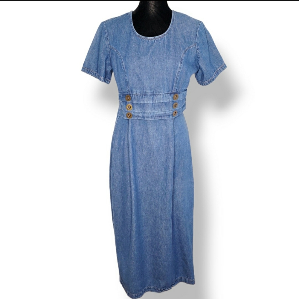 Vintage Denim Dress Size 8 Blue Maxi Short Sleeve Tie Back Slit 80s New Wave